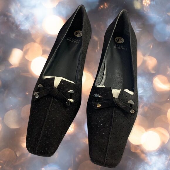 STUART WEITZMAN Black Suede Perforated Tie Bow Linsperf Heels - Picture 6 of 8